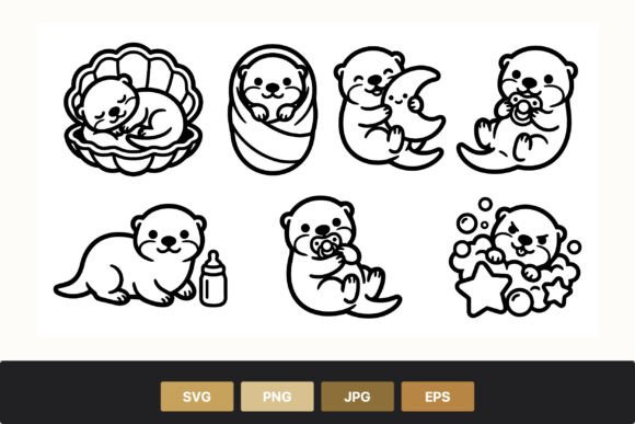 Download Cute Baby Otters Black White Outline - White outline Collection